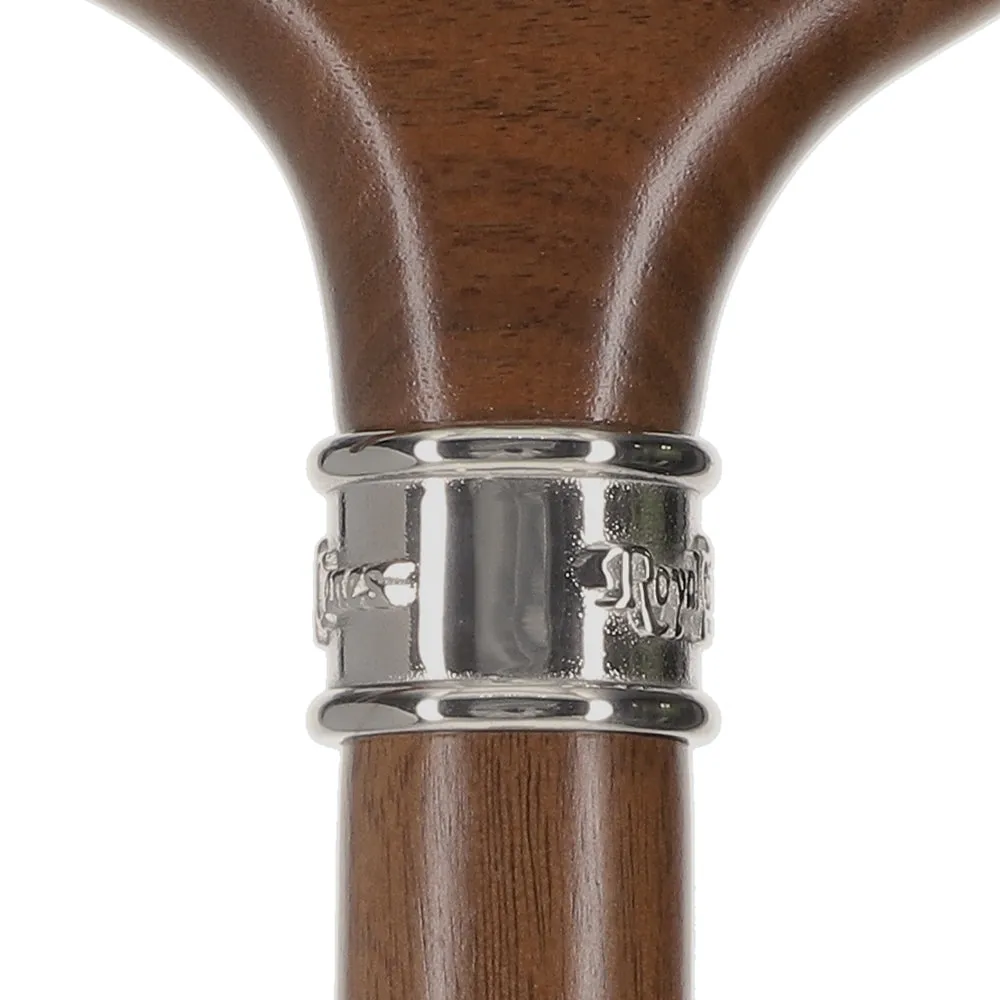 Scratch and Dent Walnut Derby-Handle Walking Cane with Embossed Steel Collar V2298