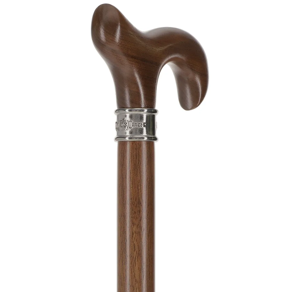 Scratch and Dent Walnut Derby-Handle Walking Cane with Embossed Steel Collar V2298