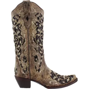 Sequin Tooled Inlay Snip Toe Cowboy Boots