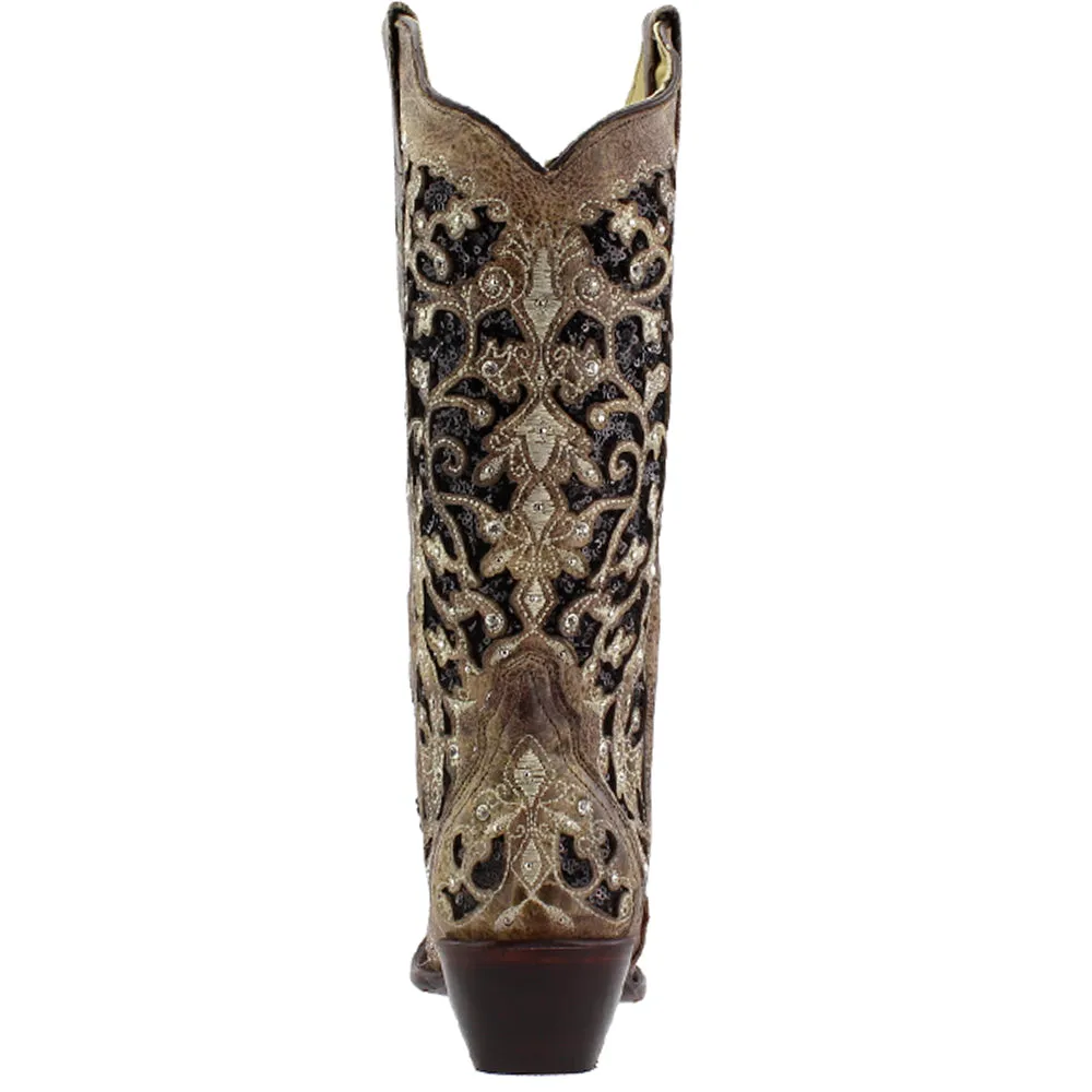 Sequin Tooled Inlay Snip Toe Cowboy Boots