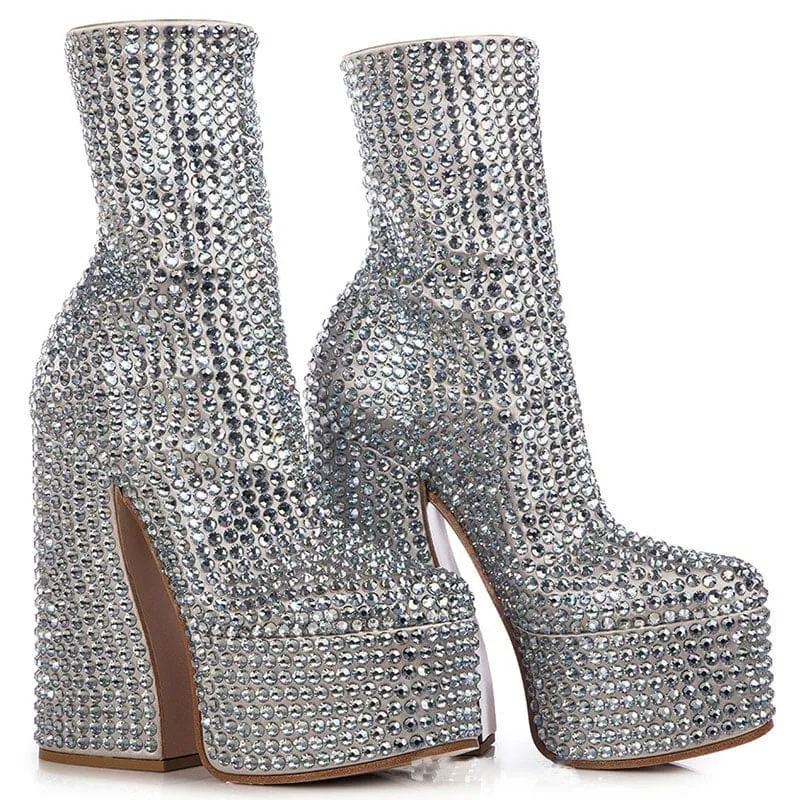 Silver Rhinestone Ankle Boots with Platform Heel Chunky Wedge