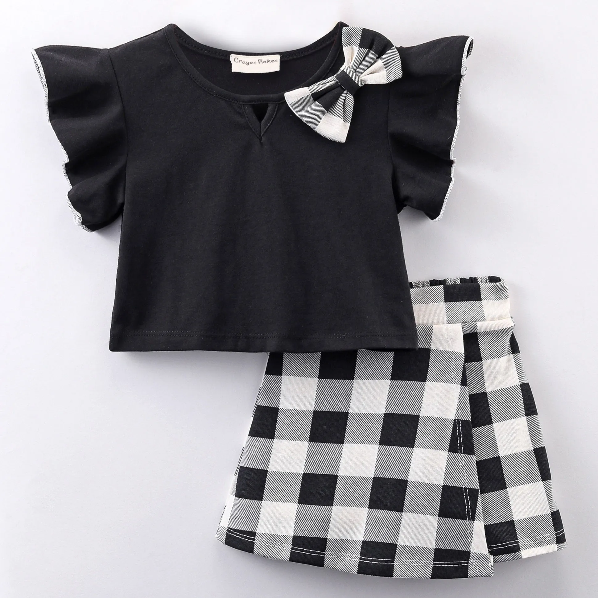 Solid Frilled Top Checkered Wrap Short Set