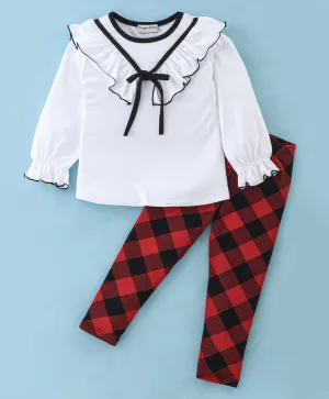 Solid V Frilled Top Checkered Leggings Set