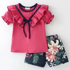 Solid V shape Frill Top Floral Short Set