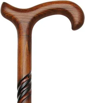 Spiral Carved Walking Cane - Derby Handle, Cherry Stain