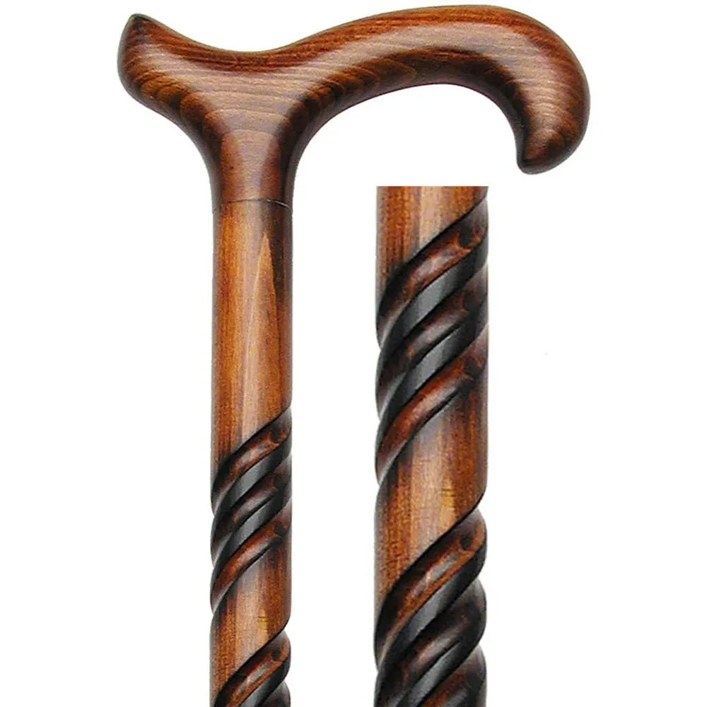 Spiral Carved Walking Cane - Derby Handle, Cherry Stain