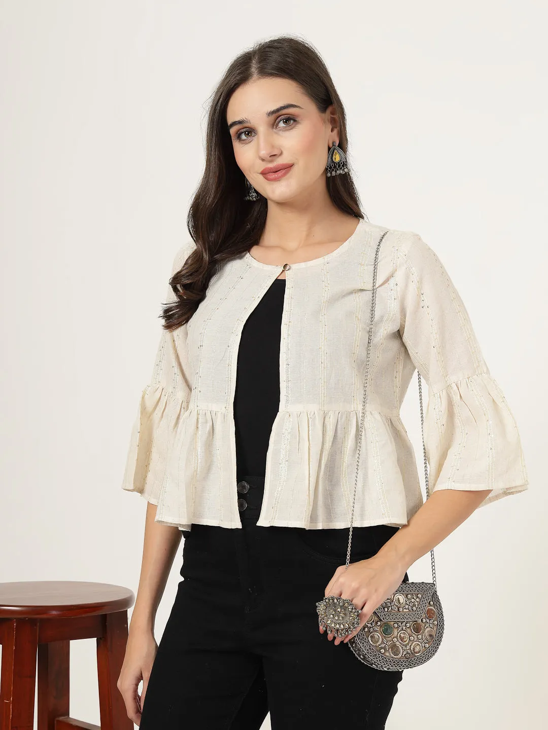 Style Quotient Women Solid Texture Ivory Peplum Fit Open Front Waist length Shrug