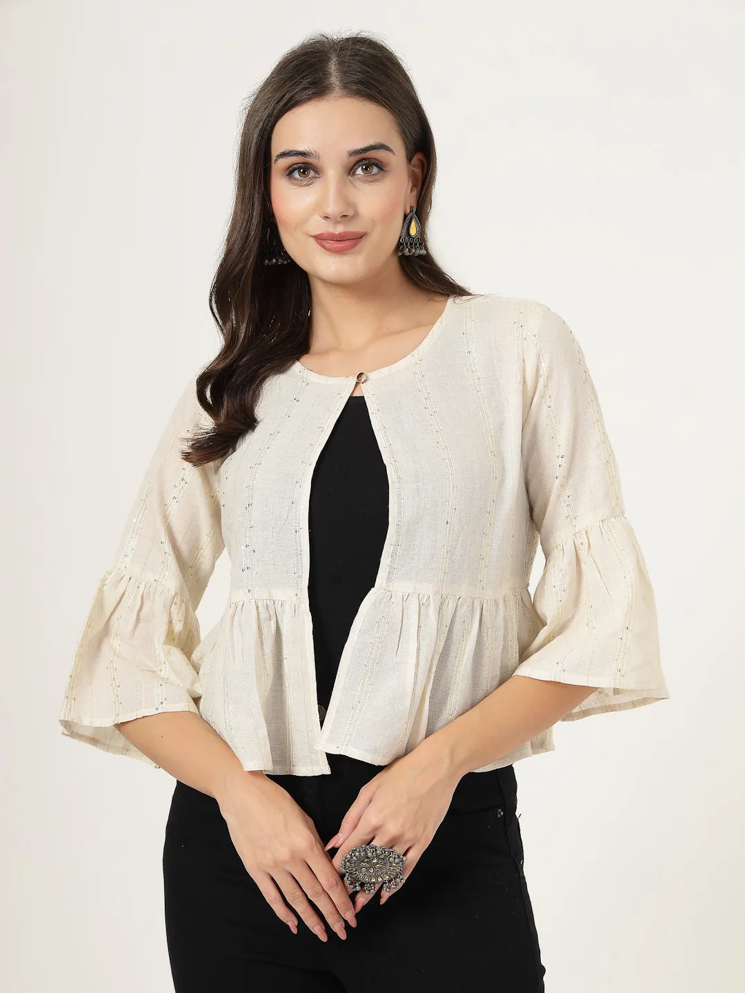 Style Quotient Women Solid Texture Ivory Peplum Fit Open Front Waist length Shrug