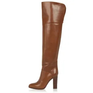 Trend4us Women's Brown Knee-High Leather High Block Heel Boots