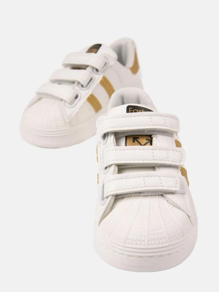 Unisex Triple Strap Trainers with Stripes - White and Gold