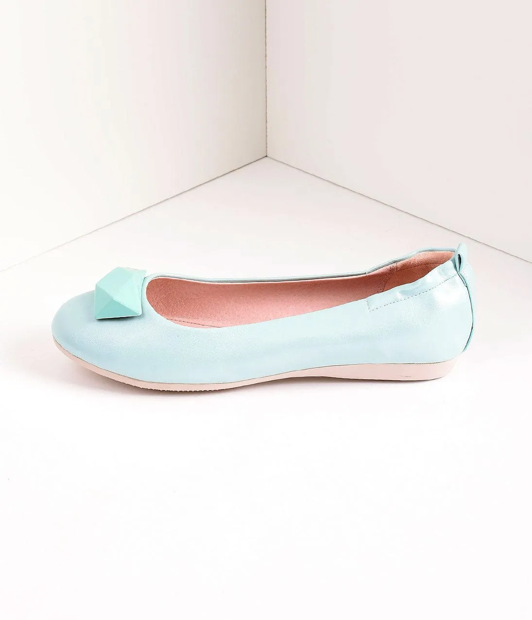 Vintage Style Aqua Blue Leatherette & Geometric Gem Ballet Flats