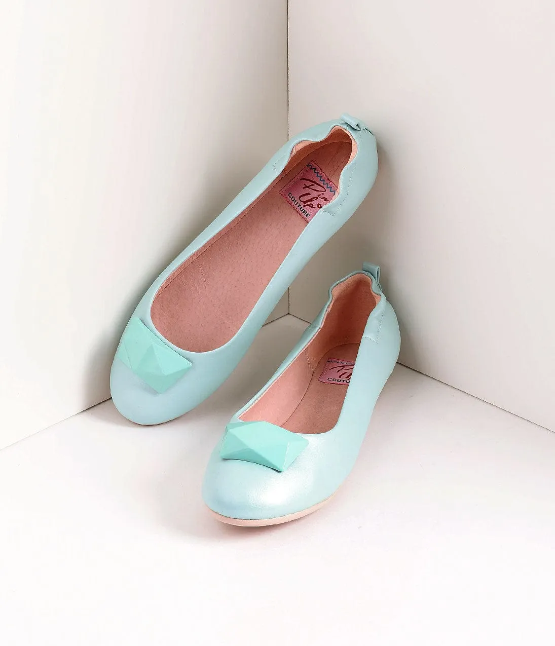 Vintage Style Aqua Blue Leatherette & Geometric Gem Ballet Flats