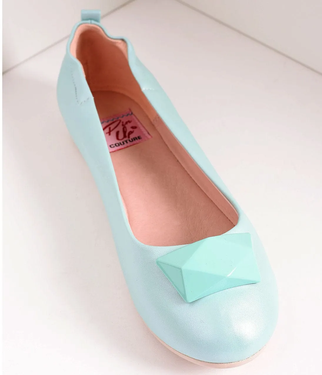 Vintage Style Aqua Blue Leatherette & Geometric Gem Ballet Flats