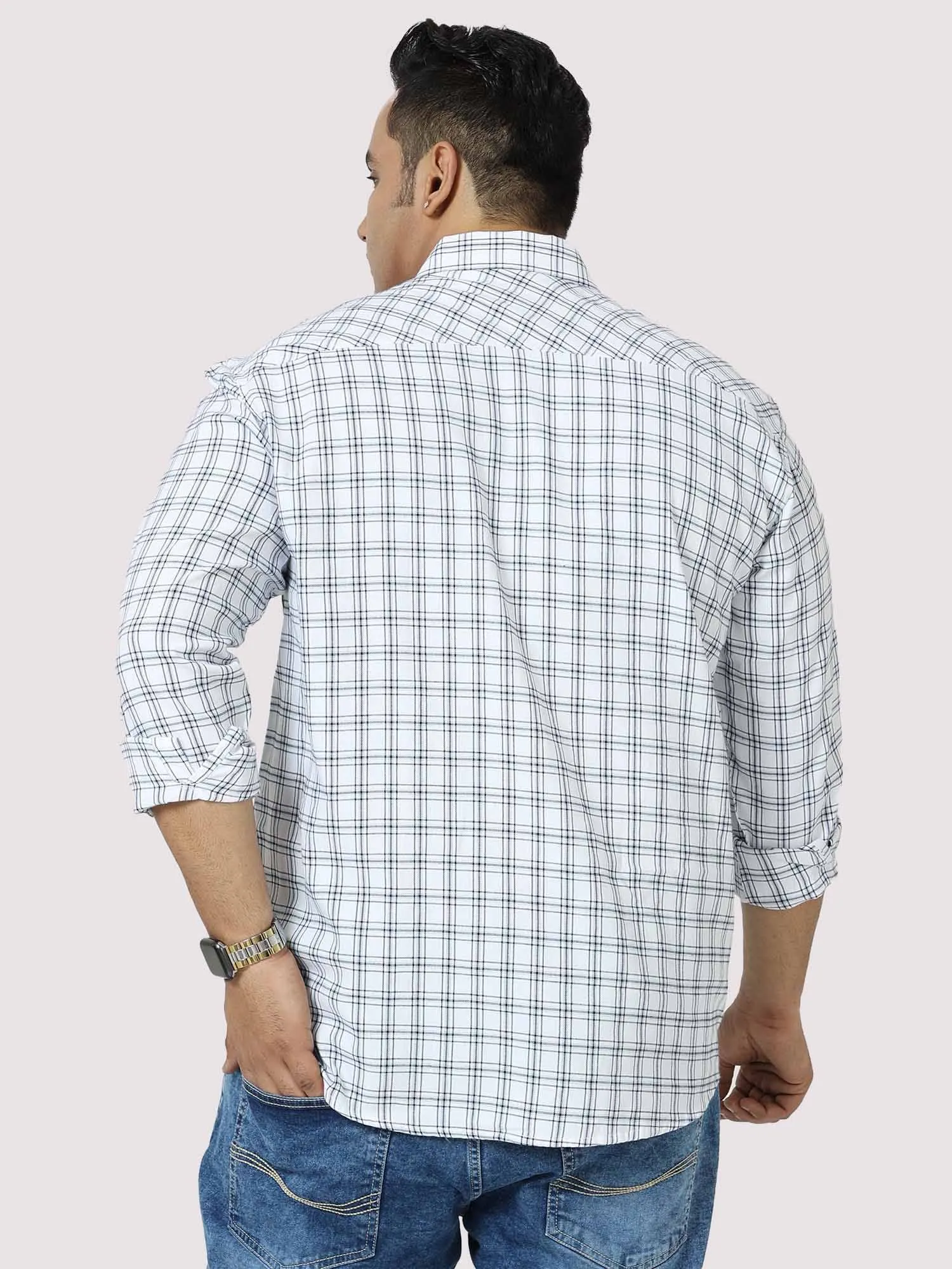 White on Black Checkered Cotton Shirt Men's Plus Size