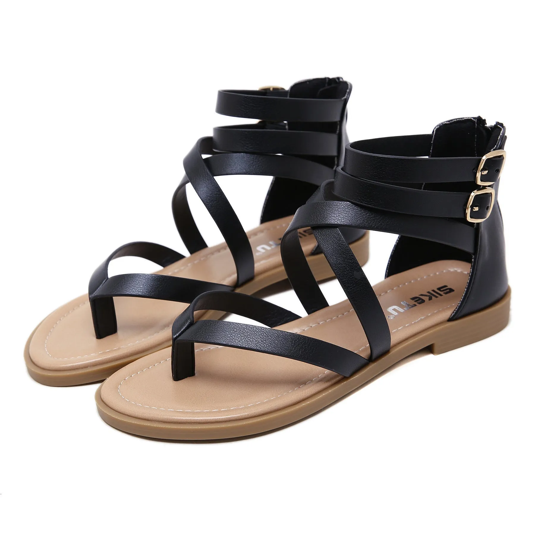 Women fashion clip toe back zipper buckle strap flat sandals