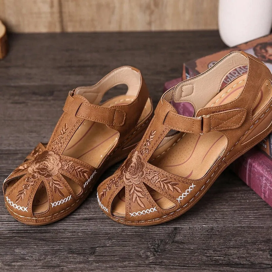 Women stitching flower hollow magic tape thick sole comfy sandals