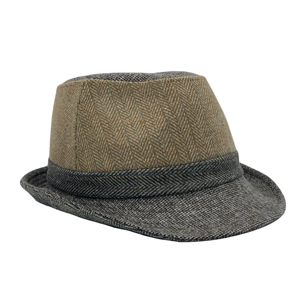 Wool Herringbone Fedora Hats for Men - Manhattan Trilby Winter Structured Crushable Short Brim LD61574